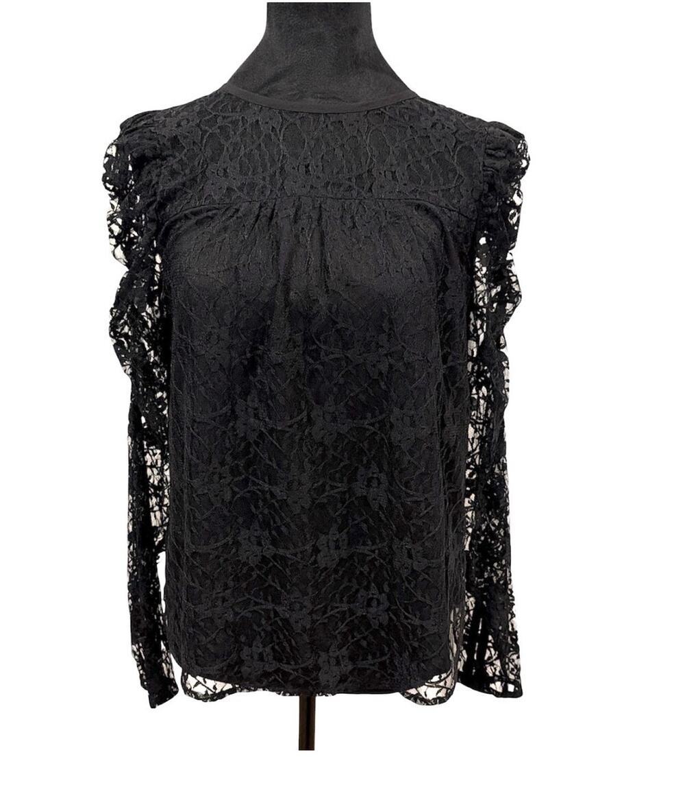 Ann Taylor Loft Black Crochet Lace Puff Sheer Sleeve Top Petite Small Gothic